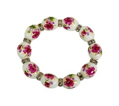 Red Flower Porcelain Bead Stretch Bracelet with Crystal Spacer Beads NEW