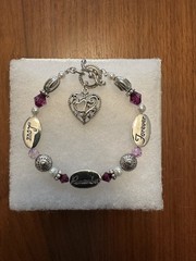 Silver Tone Beaded Charm Bracelet Heart Dangle Toggle Purple Crystal Engraved