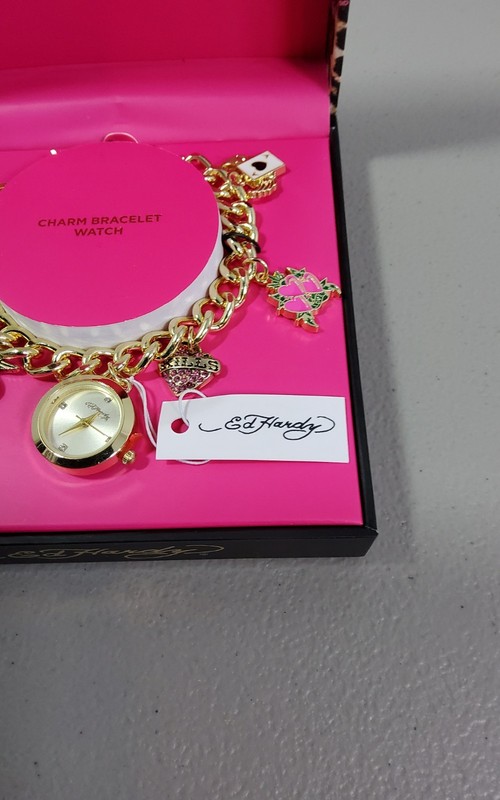 Ed Hardy Womans Tattoo Design Charm Bracelet with Round Watch Gold Tone NIB New gallery