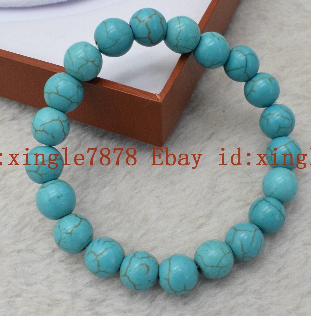 Natural 6/8/10/12/14mm Blue Turquoise Round Gemstone Stretch Bracelet 7.5'' AAA+ gallery
