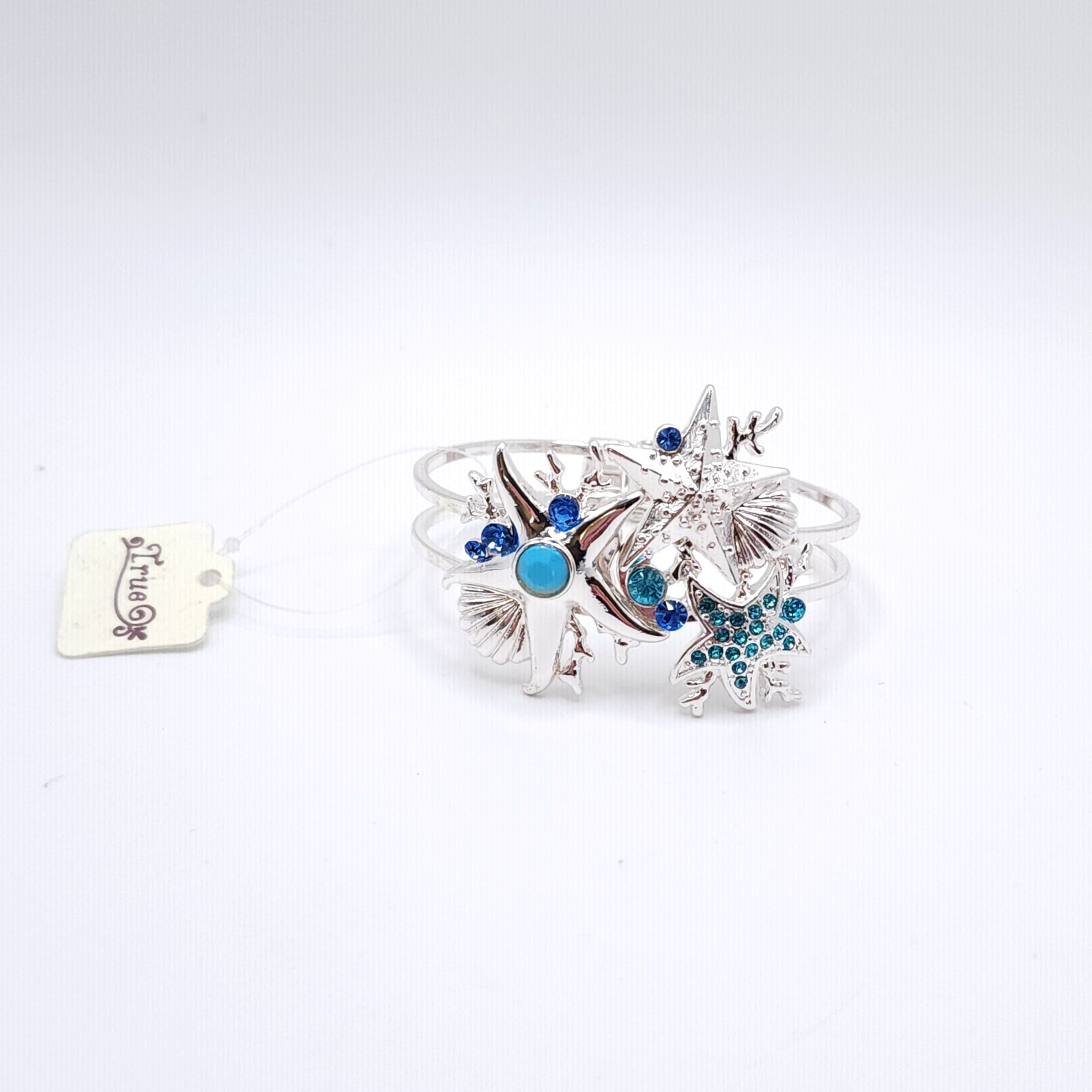True Joy Starfish Bangle Bracelet Silver Tone Blue Crystal Hinged Ocean Beach gallery