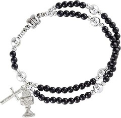 Black and Silver Tone First Communion Rosary Bracelet with Magnetic Clasp 8in