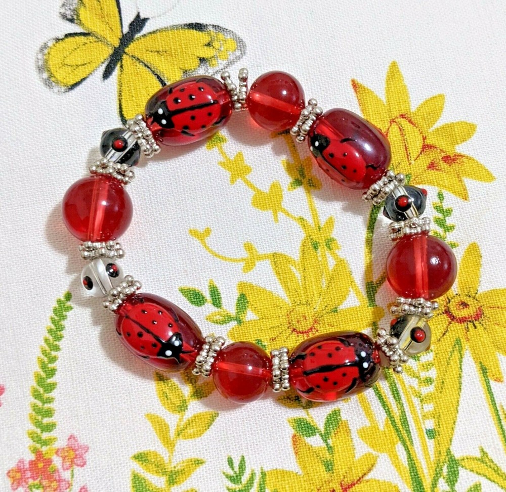 Ladybug Bracelet Spring Garden Red Bracelet for Women Beaded Stretch