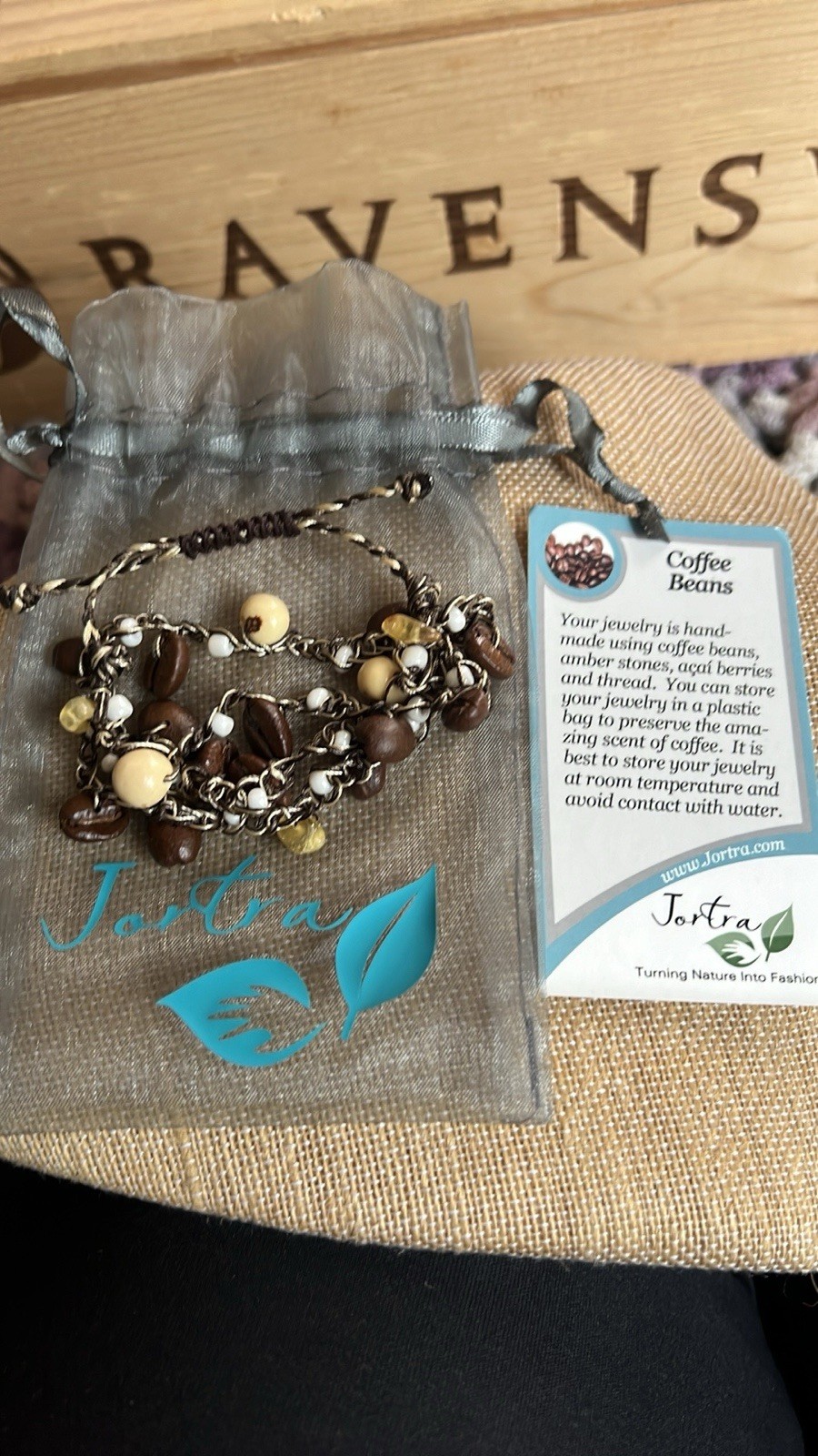 JorTra Handmade Adjustable Coffee Beans Wrap Bracelet Amber Stone Brown/Cream gallery