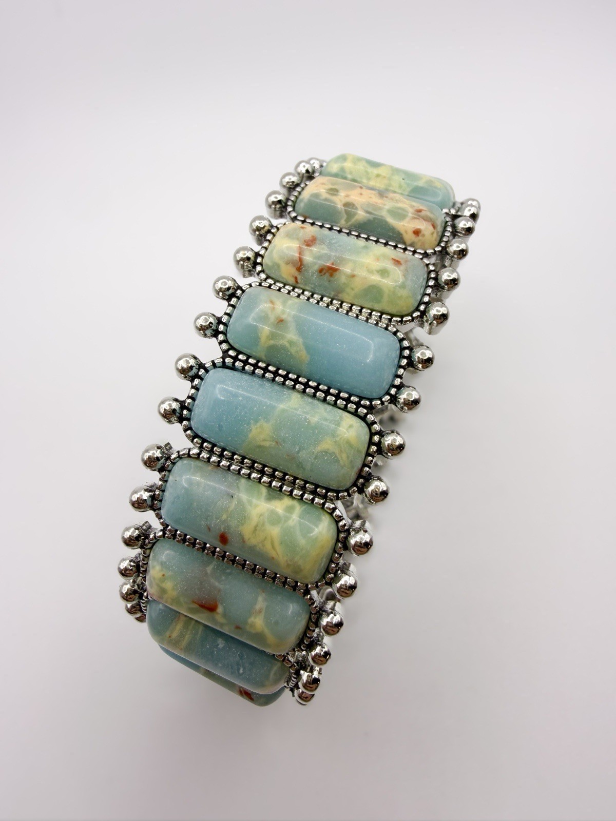 Turquoise Jasper Look Panel Stretch Bracelet Silver Tone Boho Southwestern gallery