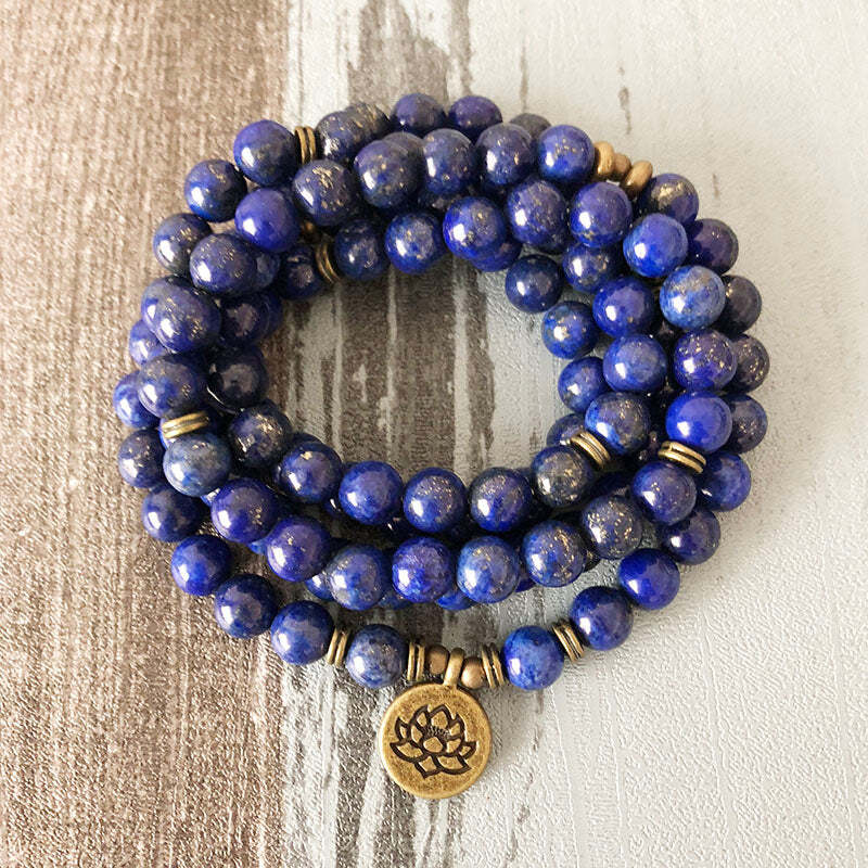 Lapis Lazuli Stone Lotus Charm Wrap Bracelet Natural Mala Beaded Bracelets gallery