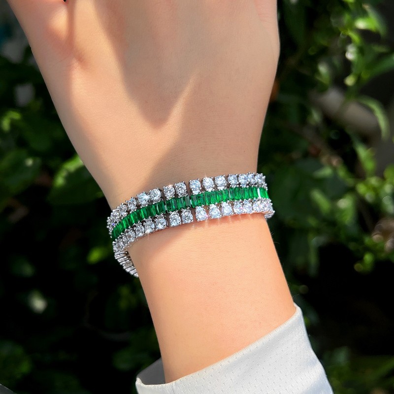 Silver Plated Cubic Zirconia Green Round Tennis Wide Wrap Bracelet Women Party gallery