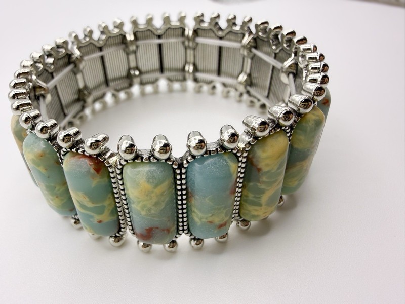 Turquoise Jasper Look Panel Stretch Bracelet Silver Tone Boho Southwestern gallery