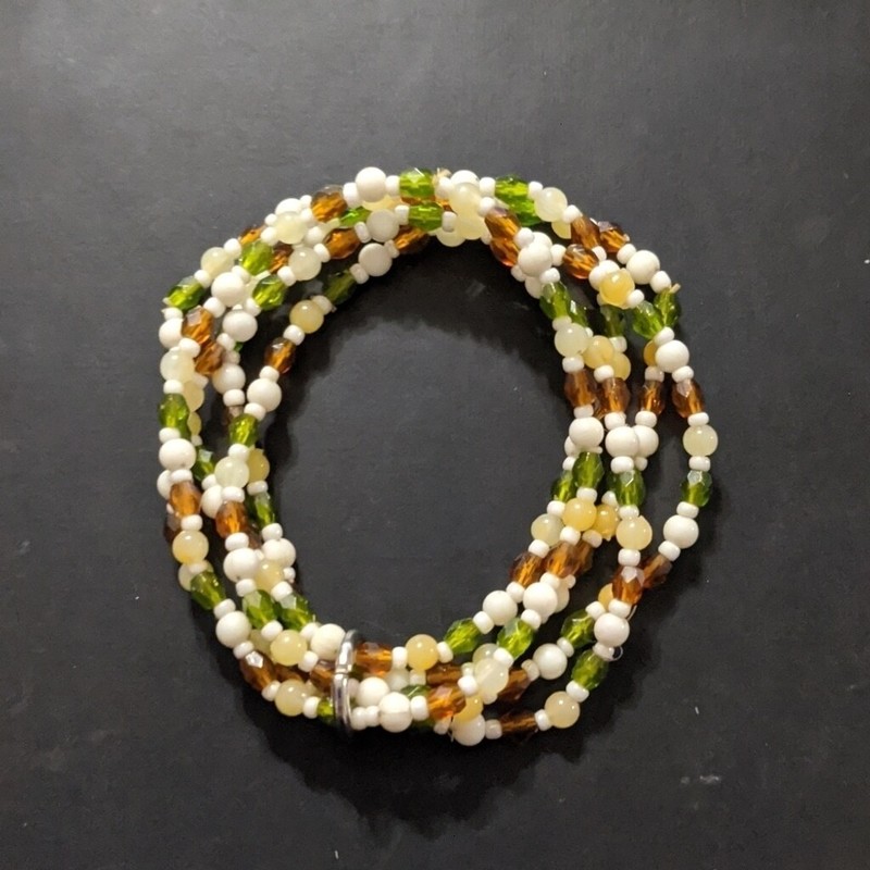 White Cream Green Brown Beaded Multi Strand Stretchy Elastic Statement Bracelet gallery