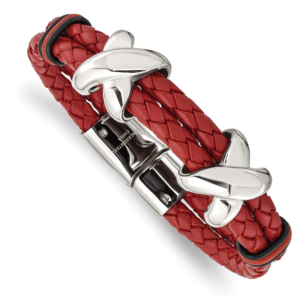 Stainless Steel Polished Red Leather and Black Rubber Bracelet 8" 26.38gm