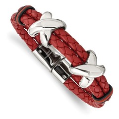 Stainless Steel Polished Red Leather and Black Rubber Bracelet 8″ 26.38gm