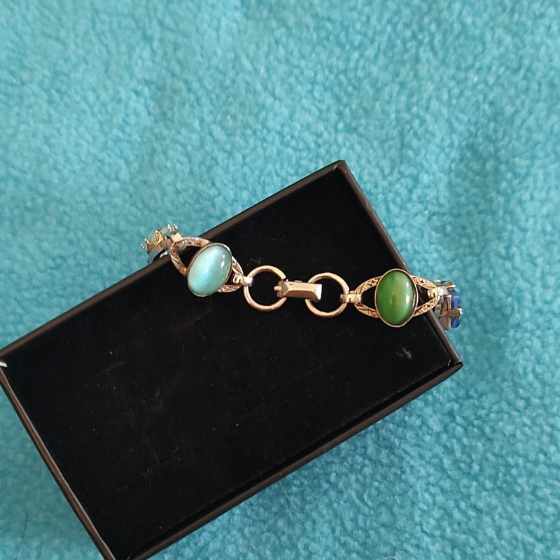 vintage set of 2 silver Link Chain Bracelet with Multi Round Cabochon Stones gallery