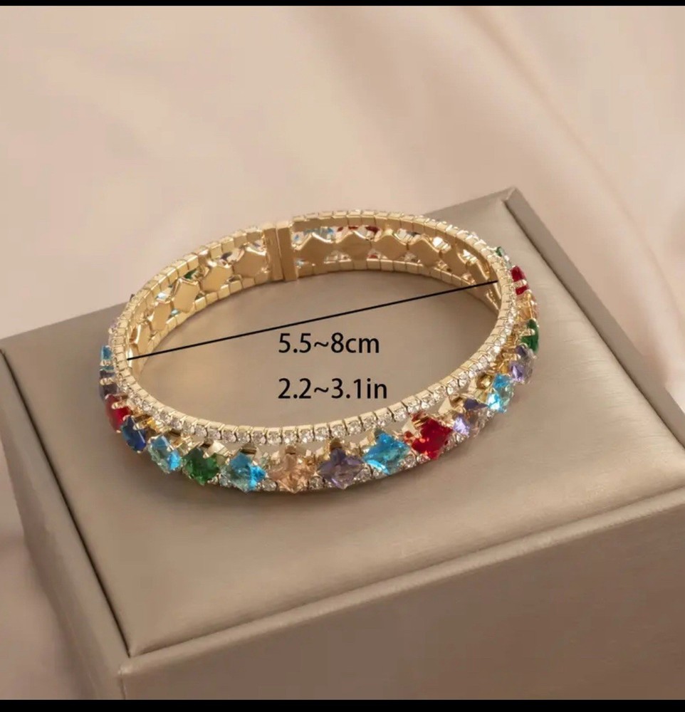 Gold Multicolor Crystal Bangle Bracelet Stretch Rhinestone Statement Jewelry