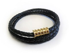 Women’s Screw Black Leather Bracelet Triple Wrap 18k Gold Plated