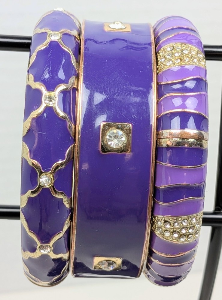 Purple Enamel Hinge Clamper Bangle Set Sequin 3pc Bracelet Rhinestone Bendel Era