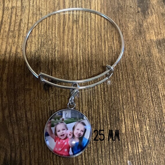 Bangle Bracelet With one (1)Custom Photo Charm, Gold Tone OR Silver Tone gallery