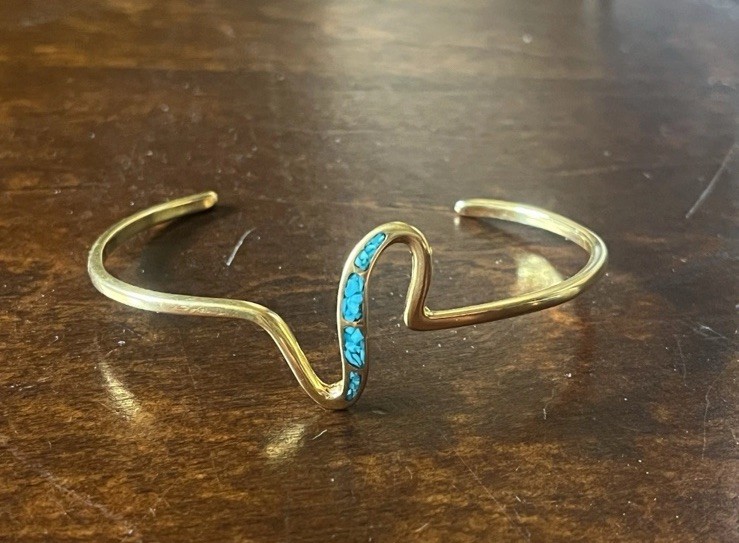 14K Gold PLATED Turquoise Inlay Wave Cuff Bracelet 4.9g Vintage Native gallery