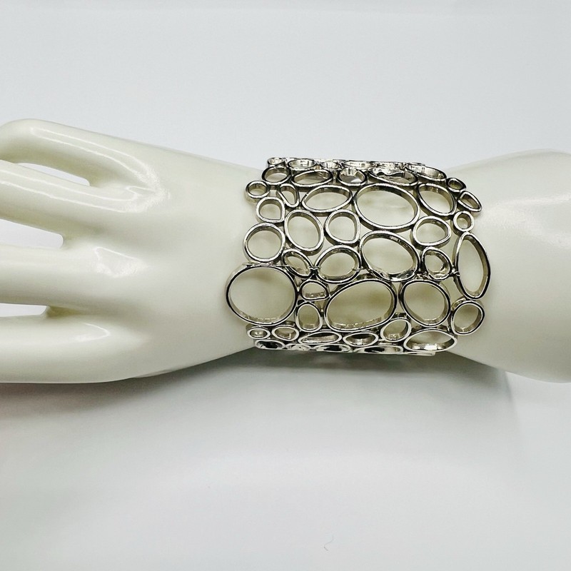 Wide Silver Tone Open Circle Cuff Bracelet Bubble Abstract Statement Modern Bold gallery
