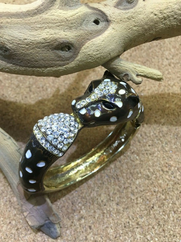 LEOPARD JAGUAR BANGLE CUFF SILVER TONE BRACELET BLACK ENAMEL SPARKLE RHINESTONE gallery