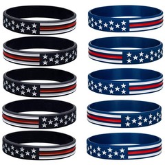 10 Pack American Flag Bracelets -Thin Red Line Silicone Rubber Wristband