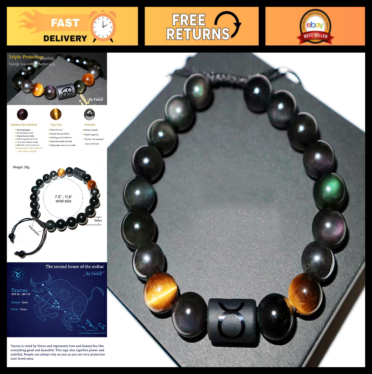 Rainbow Friendship Bracelets - 10mm Tiger Eye & Black Obsidian Healing Jewelry, gallery