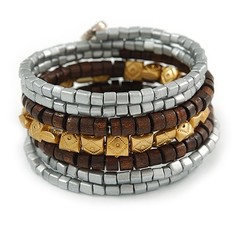 Multistrand Beaded Coiled Flex Bracelet in Silver, Brown, Gold – Adjustable