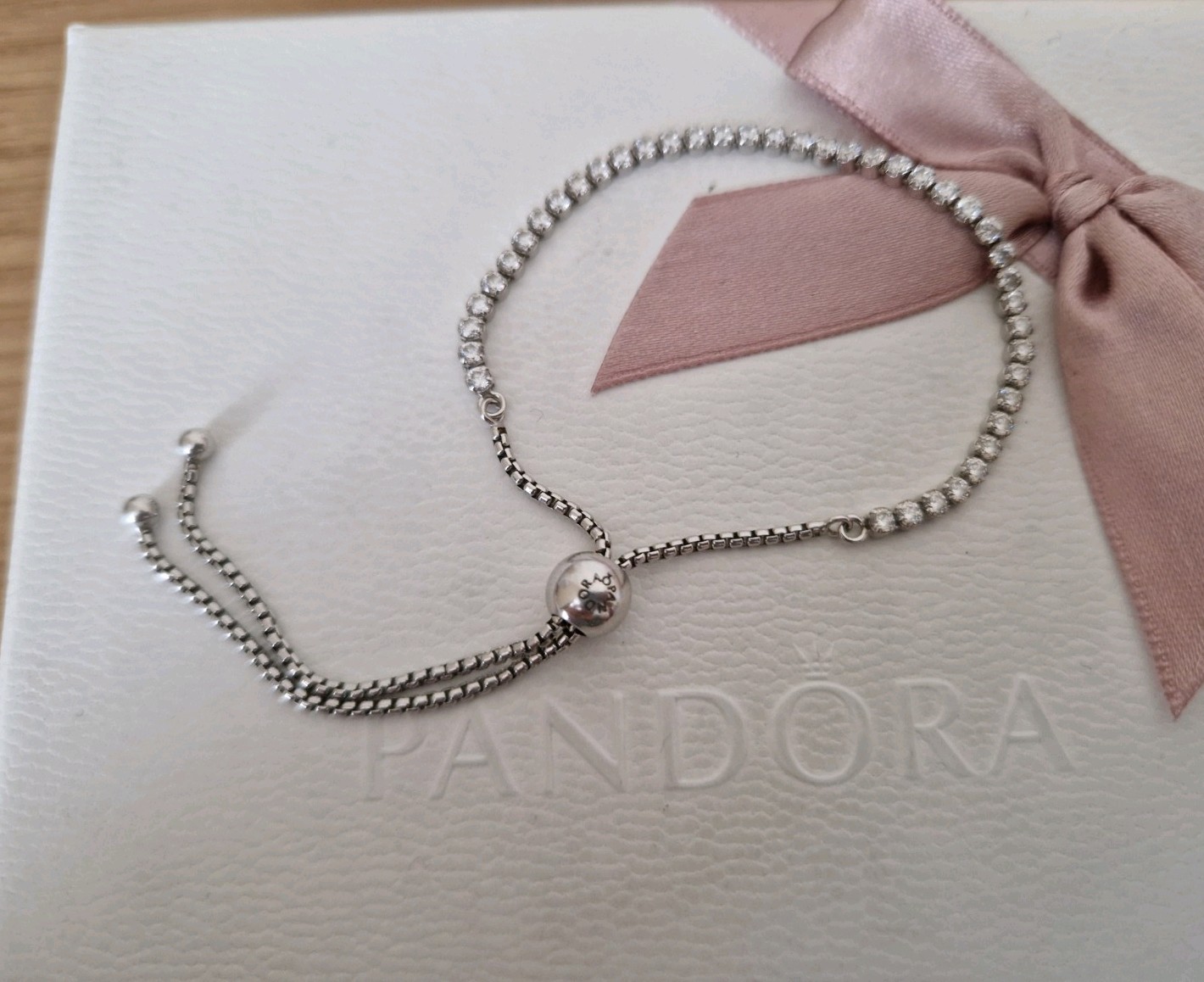 Pandora sparkling clear stone tennis slider silver bracelet size 2 gallery