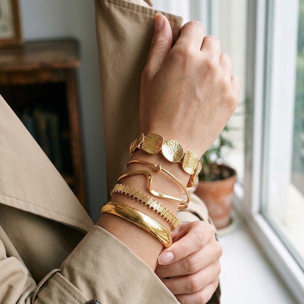 5Pcs Minimalist Gold Bangle Set, Stackable Open Cuff Bracelets for Women