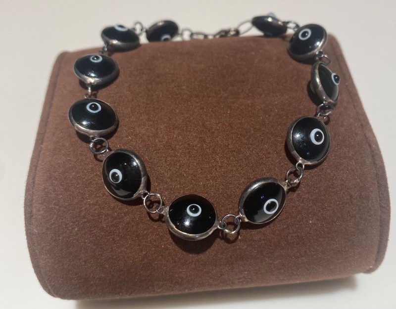 Vtg 925 Sterling Silver Black Evil Eye Link Bracelet Nazar Protection Unisex gallery