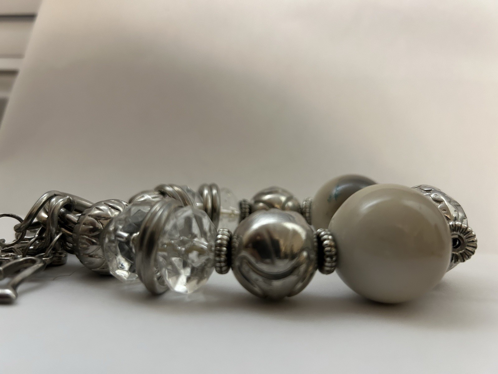 Chunky Silver Tone Charm Bracelet Large Beads Crystal Tassel Angel Key Toggle gallery