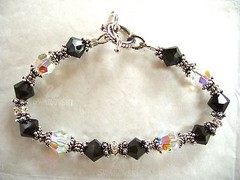 BLACK & WHITE Beaded BRACELET made with SWAROVSKI CRYSTAL JET, CLEAR AB, SILVER,