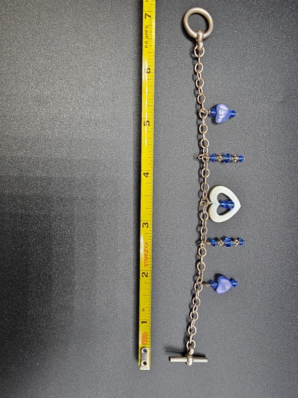 Blue Heart Charm Bracelet Silver Tone Toggle Clasp Beaded Artisan Handmade 7.5" gallery