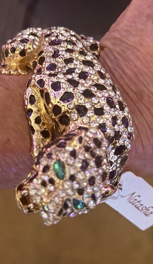 NEW ~ Natasha Leopard Bangle Bracelet 3D Rhinestone Panther Hinged GoldTone