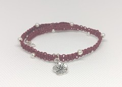 Handwoven Bracelet With Flower Charm, Faux Pearls