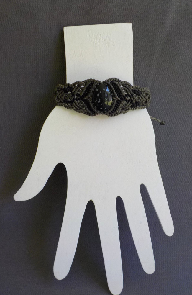 Macrame Spotted Oval Stone Bracelet Adjustable Pull Cord Black Gray Handmade