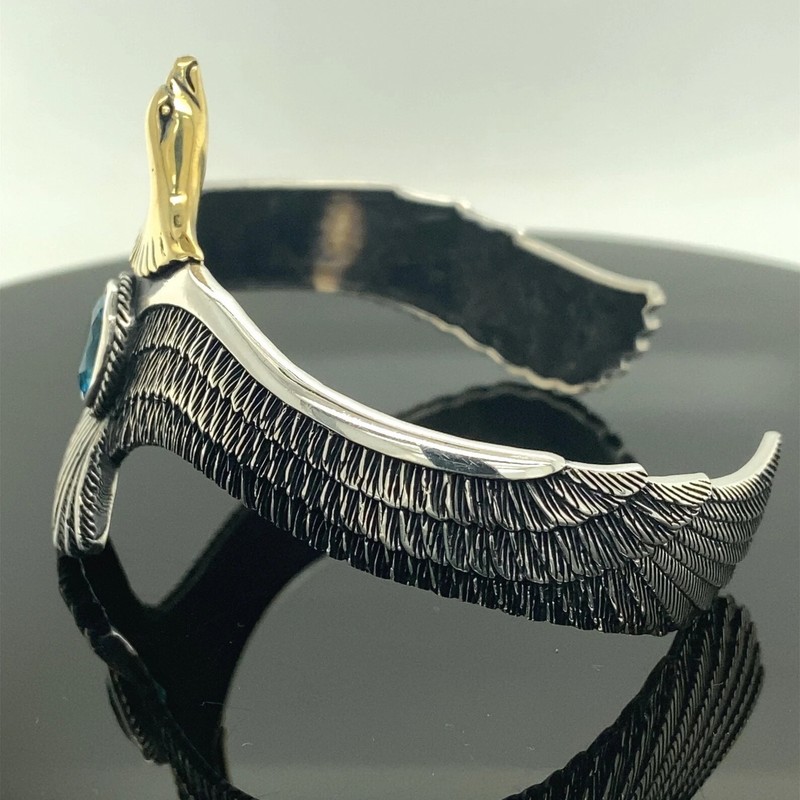 German Silver 925 Stamped Eagle Bracelet with Aquamarine Cuff Bangle gallery