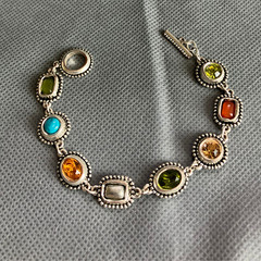 Vintage Silver Plated Glass Gem Bracelet Colorful Statement Jewelry Retro Fun