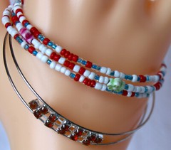 Two Memory Wire Bracelets, One triple wrap, one brown rhinestones, cuff type