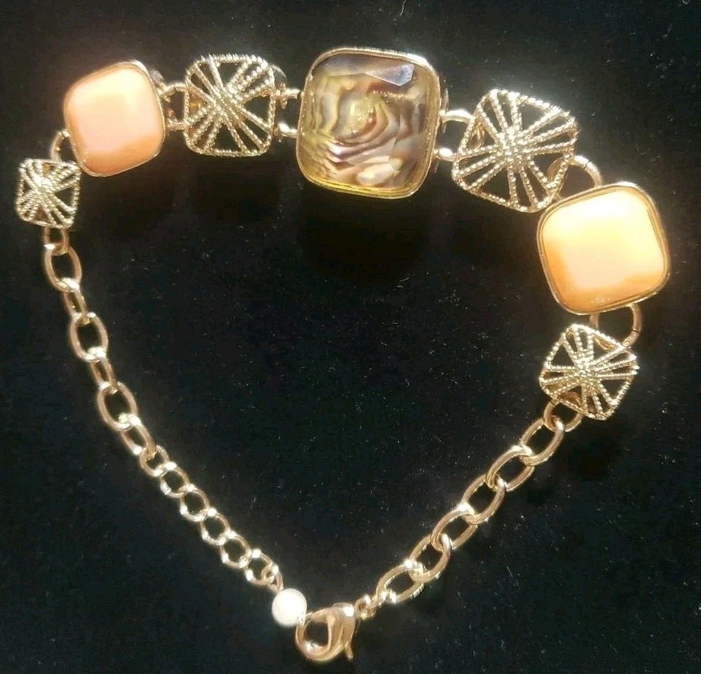 Chunky Peach Rhinestone Chain Bracelet Signed NRO Glam ART DECO Geometric 7"-8”