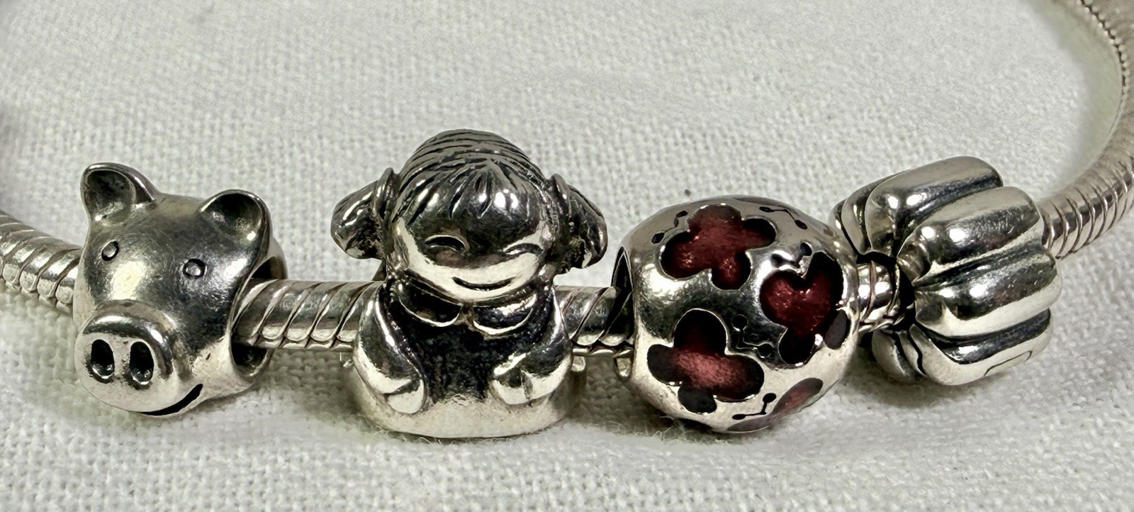 Pandora 7.9" Bracelet 20cm w Pig, Girl, Butterfly Bead & Clip All .925 Silver gallery