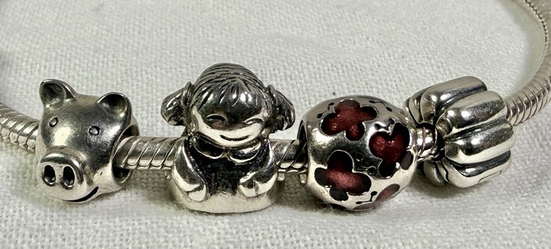 Pandora 7.9" Bracelet 20cm w Pig, Girl, Butterfly Bead & Clip All .925 Silver gallery
