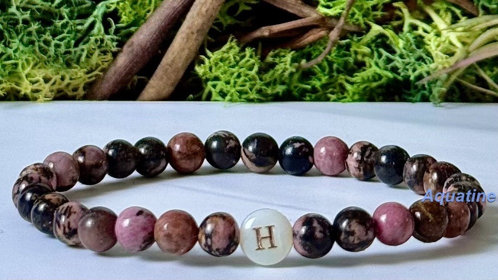 Rhodonite 6mm Natural Crystal Bead Initial Stretch Bracelet CUSTOM SIZING