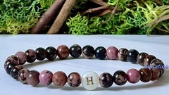 Rhodonite 6mm Natural Crystal Bead Initial Stretch Bracelet CUSTOM SIZING