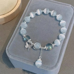 Girls Womens White Gray Cat Eye Stone Bead Butterfly Dangle Charm Bracelet 6.85″