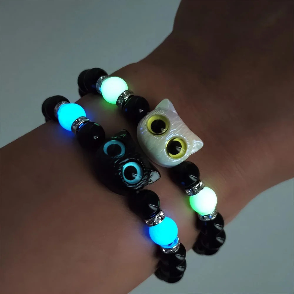 White Luminous Beads Fashion Couple Bracelets Matching Charm for Women Men Cat gallery