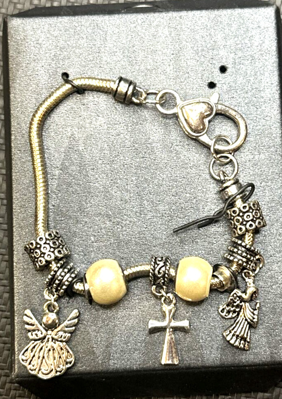 Charm Bracelet silver tone heart clasp Angel Cross religious love beaded gallery
