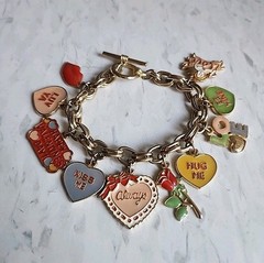 Charm Braclet, Love, Valentine’s Day, Hearts, Hugs and Kisses Gold Tone Braclet.