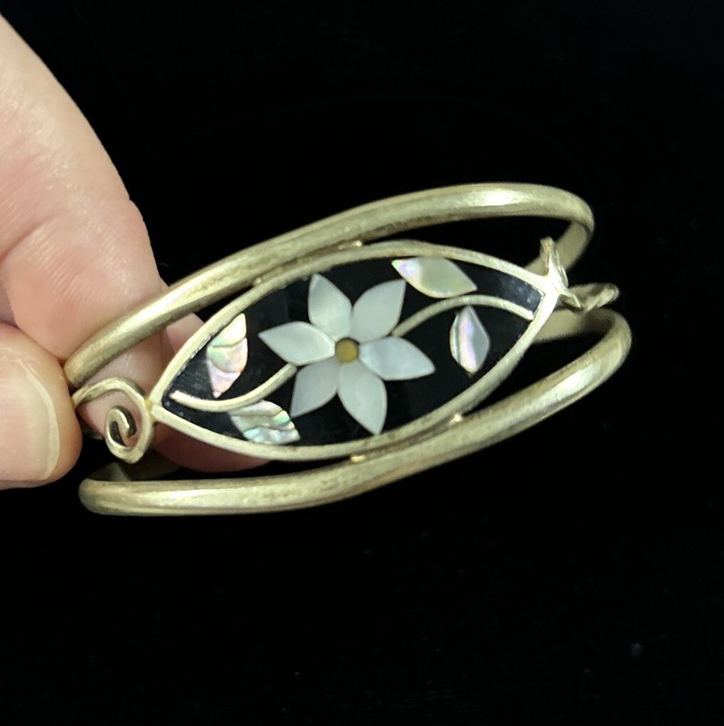 Vintage 1970s Alpaca Silver Mother Of Pearl Floral Cuff Bracelet Marked gallery