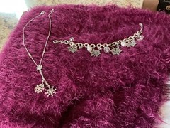 Vintage Avon Christmas Charm Bracelet & Necklace, Snowflakes & Beads Silvertone