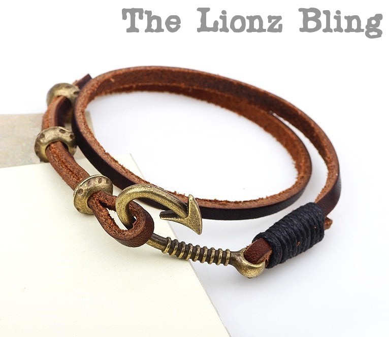 Vintage style Genuine Brown Leather & Antiqued Bronze Fish Hook Clasp Bracelet gallery